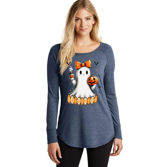 Cute Ghost Drinking Coffee Halloween Fall Ghost Coffee Women's Perfect Tri Tunic Long Sleeve Shirt