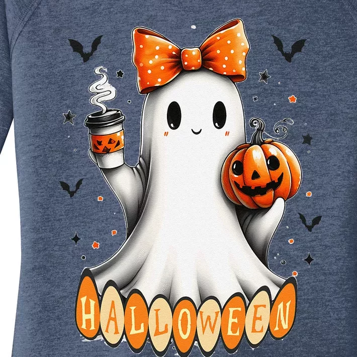 Cute Ghost Drinking Coffee Halloween Fall Ghost Coffee Women's Perfect Tri Tunic Long Sleeve Shirt