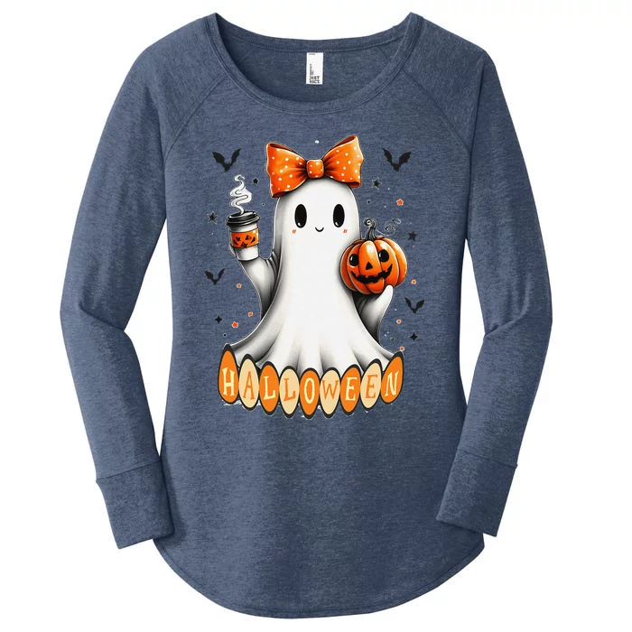 Cute Ghost Drinking Coffee Halloween Fall Ghost Coffee Women's Perfect Tri Tunic Long Sleeve Shirt