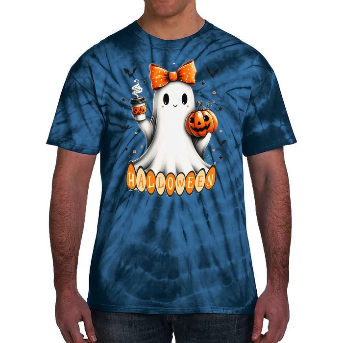 Cute Ghost Drinking Coffee Halloween Fall Ghost Coffee Tie-Dye T-Shirt