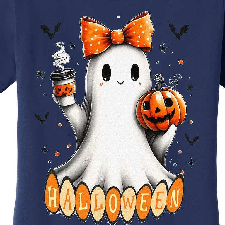 Cute Ghost Drinking Coffee Halloween Fall Ghost Coffee Women's T-Shirt