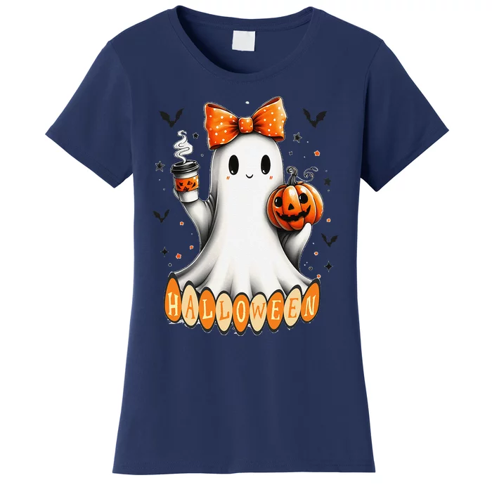 Cute Ghost Drinking Coffee Halloween Fall Ghost Coffee Women's T-Shirt