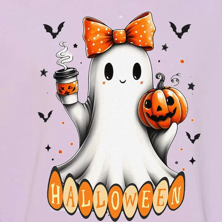 Cute Ghost Drinking Coffee Halloween Fall Ghost Coffee Garment-Dyed Sweatshirt