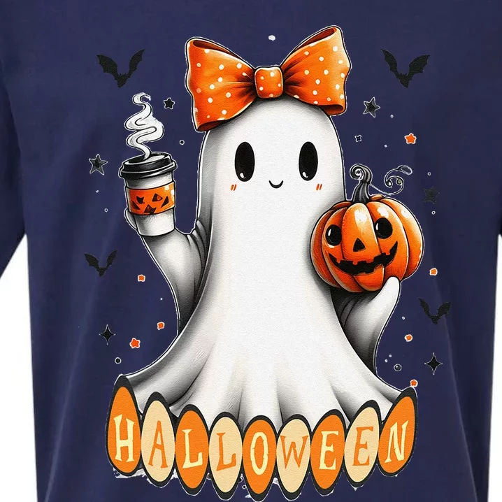 Cute Ghost Drinking Coffee Halloween Fall Ghost Coffee Sueded Cloud Jersey T-Shirt