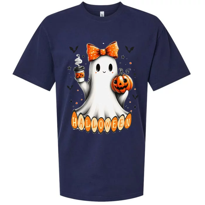 Cute Ghost Drinking Coffee Halloween Fall Ghost Coffee Sueded Cloud Jersey T-Shirt