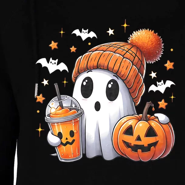 Cute Ghost Drinking Coffee Halloween Ghost Ice Coffee Womens Funnel Neck Pullover Hood