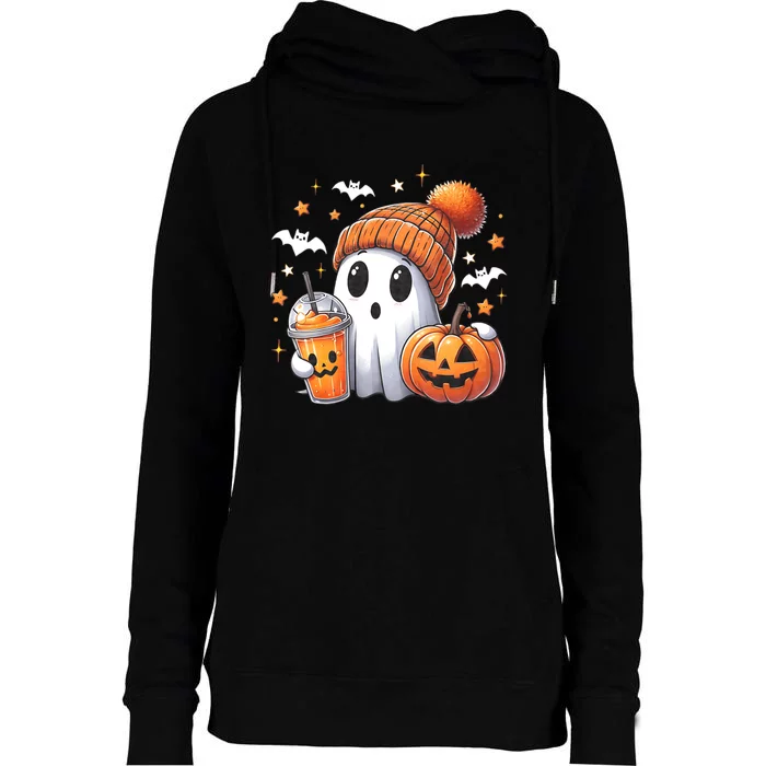 Cute Ghost Drinking Coffee Halloween Ghost Ice Coffee Womens Funnel Neck Pullover Hood