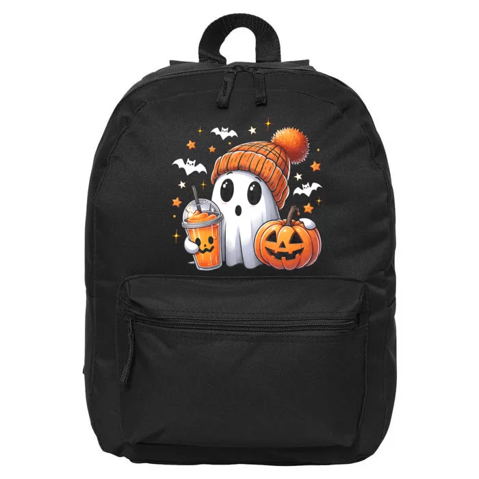 Cute Ghost Drinking Coffee Halloween Ghost Ice Coffee 16 in Basic Backpack