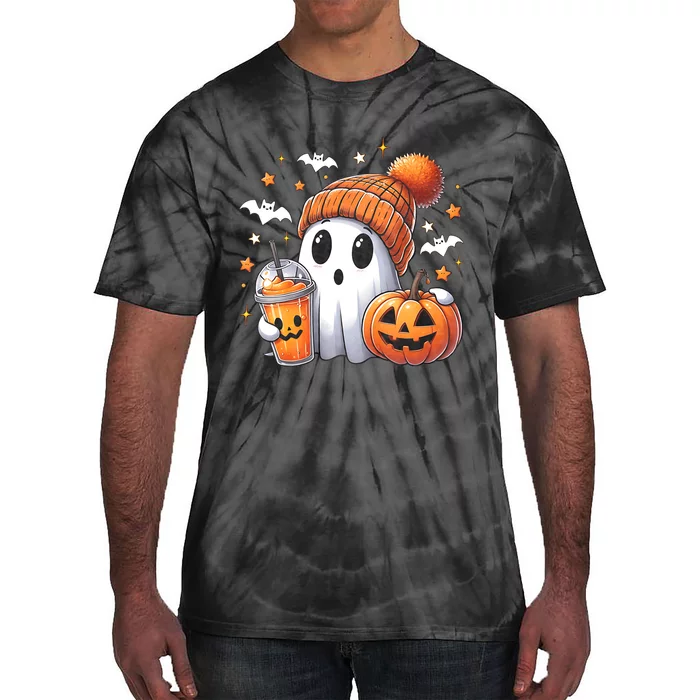 Cute Ghost Drinking Coffee Halloween Ghost Ice Coffee Tie-Dye T-Shirt