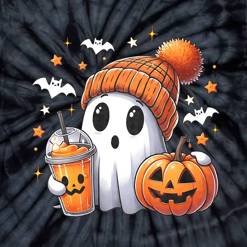 Cute Ghost Drinking Coffee Halloween Ghost Ice Coffee Tie-Dye T-Shirt