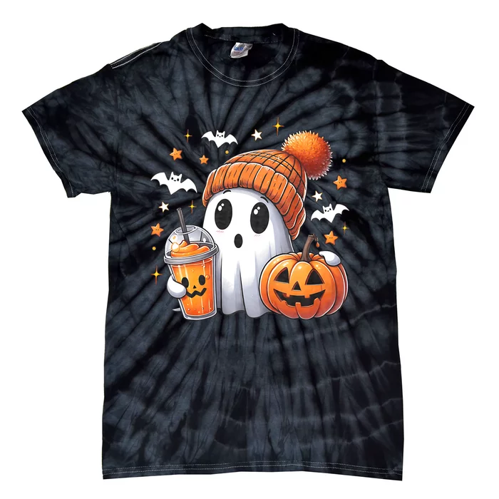 Cute Ghost Drinking Coffee Halloween Ghost Ice Coffee Tie-Dye T-Shirt