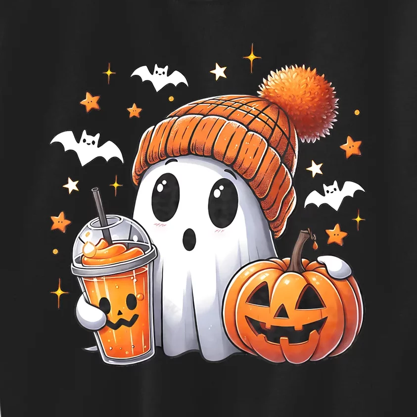 Cute Ghost Drinking Coffee Halloween Ghost Ice Coffee Kids Sweatshirt