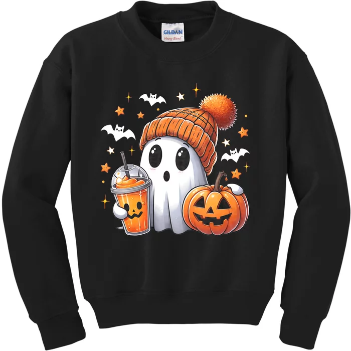 Cute Ghost Drinking Coffee Halloween Ghost Ice Coffee Kids Sweatshirt