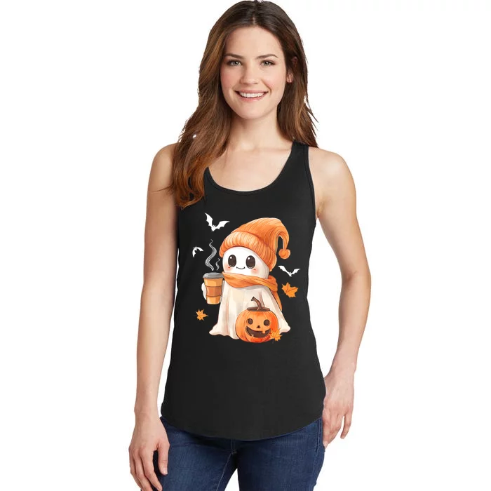 Cute Ghost Drinking Coffee Halloween Ghost Ice Coffee Ladies Essential Tank