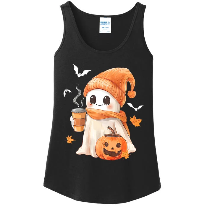 Cute Ghost Drinking Coffee Halloween Ghost Ice Coffee Ladies Essential Tank