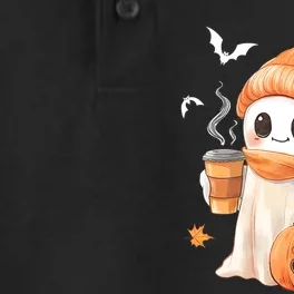 Cute Ghost Drinking Coffee Halloween Ghost Ice Coffee Dry Zone Grid Performance Polo