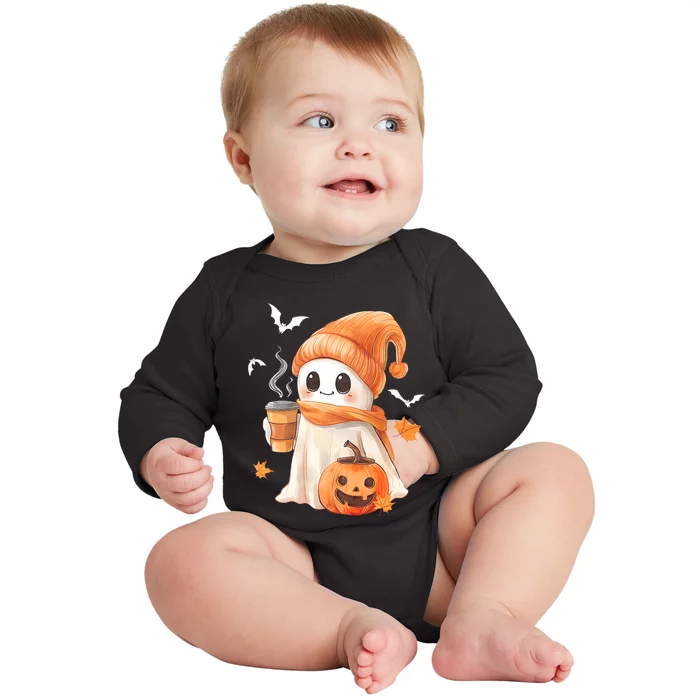 Cute Ghost Drinking Coffee Halloween Ghost Ice Coffee Baby Long Sleeve Bodysuit