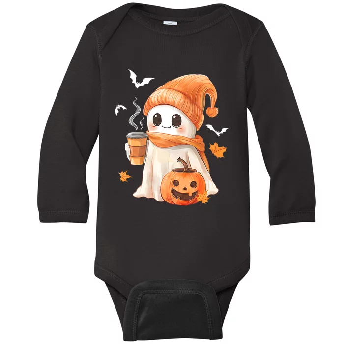 Cute Ghost Drinking Coffee Halloween Ghost Ice Coffee Baby Long Sleeve Bodysuit