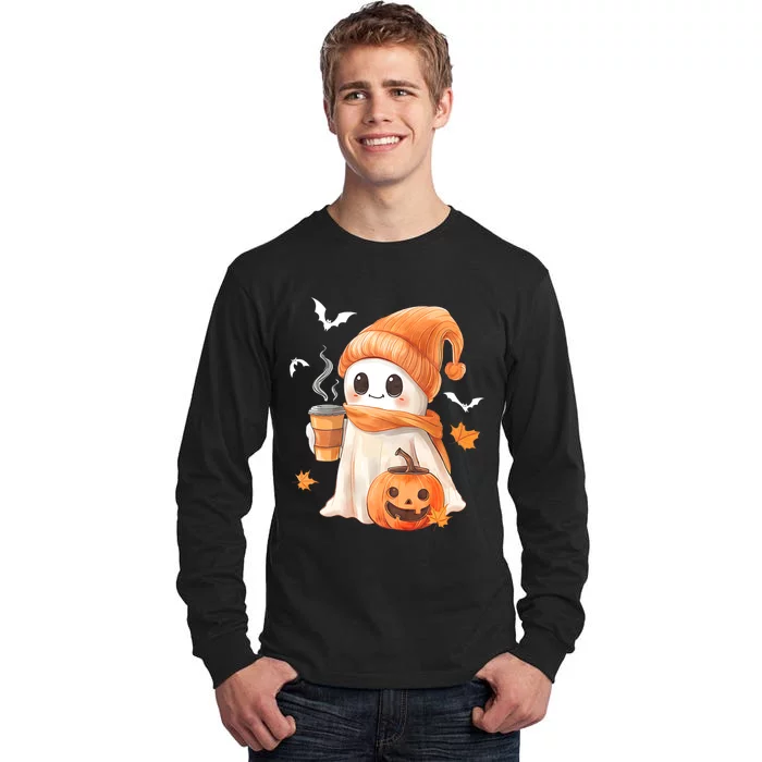 Cute Ghost Drinking Coffee Halloween Ghost Ice Coffee Tall Long Sleeve T-Shirt