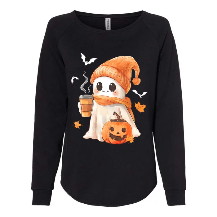 Cute Ghost Drinking Coffee Halloween Ghost Ice Coffee Womens California Wash Sweatshirt