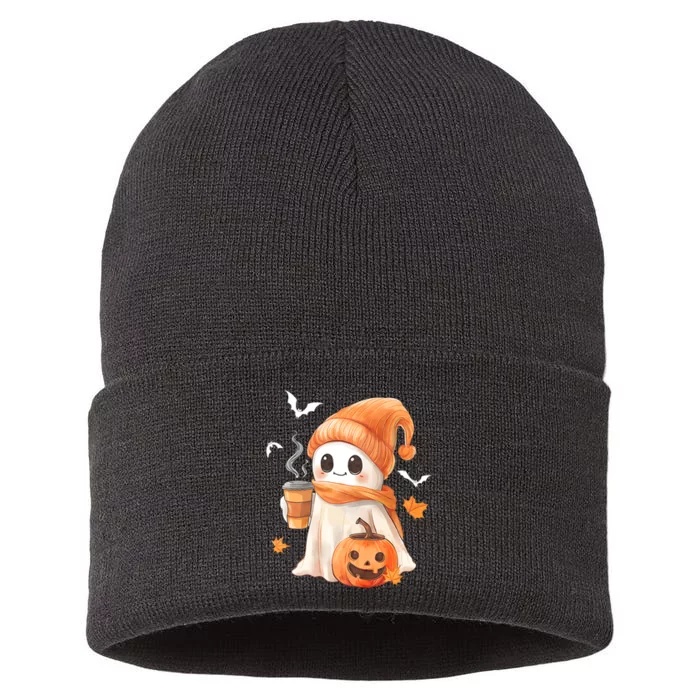 Cute Ghost Drinking Coffee Halloween Ghost Ice Coffee Sustainable Knit Beanie