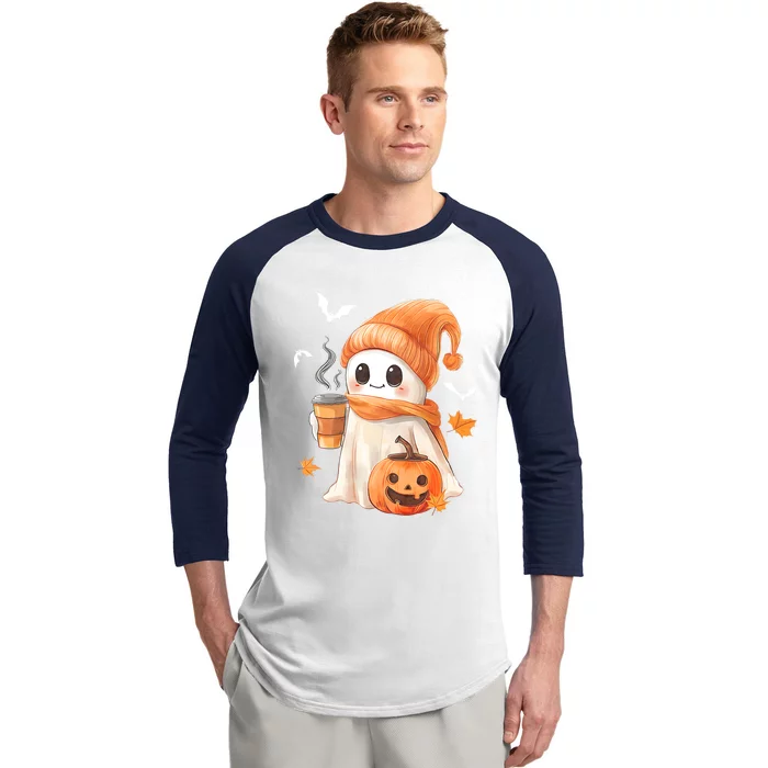 Cute Ghost Drinking Coffee Halloween Ghost Ice Coffee Baseball Sleeve Shirt