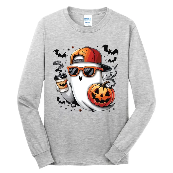 Cute Ghost Drinking Coffee Halloween Boy Ghost Ice Coffee Tall Long Sleeve T-Shirt