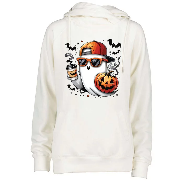 Cute Ghost Drinking Coffee Halloween Boy Ghost Ice Coffee Womens Funnel Neck Pullover Hood