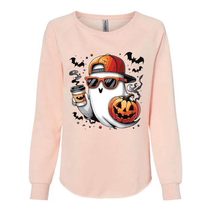 Cute Ghost Drinking Coffee Halloween Boy Ghost Ice Coffee Womens California Wash Sweatshirt