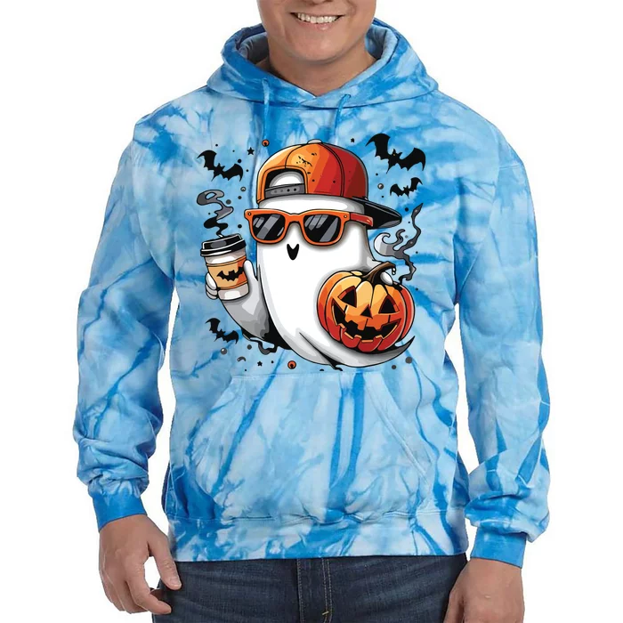 Cute Ghost Drinking Coffee Halloween Boy Ghost Ice Coffee Tie Dye Hoodie