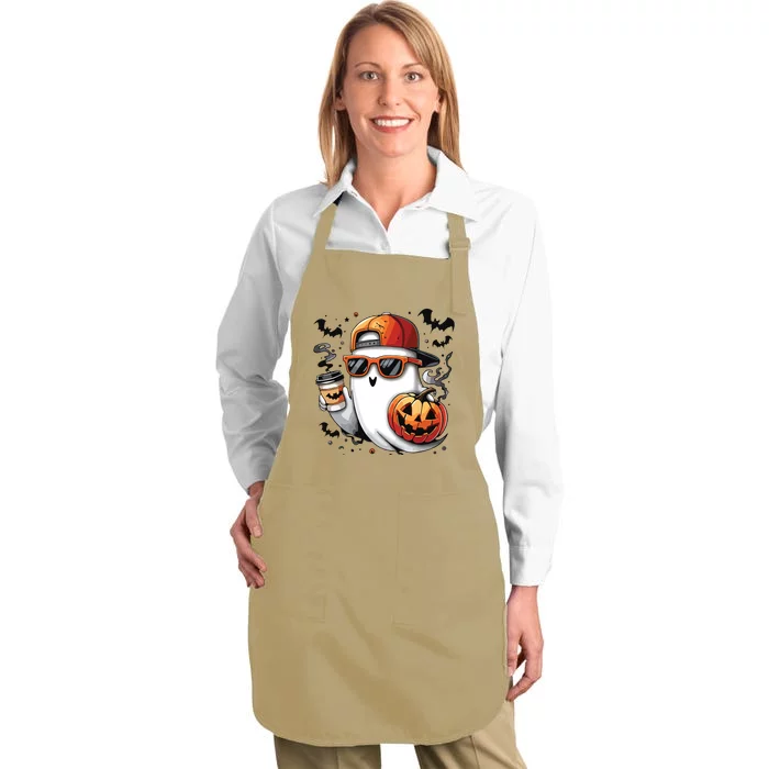 Cute Ghost Drinking Coffee Halloween Boy Ghost Ice Coffee Full-Length Apron With Pocket