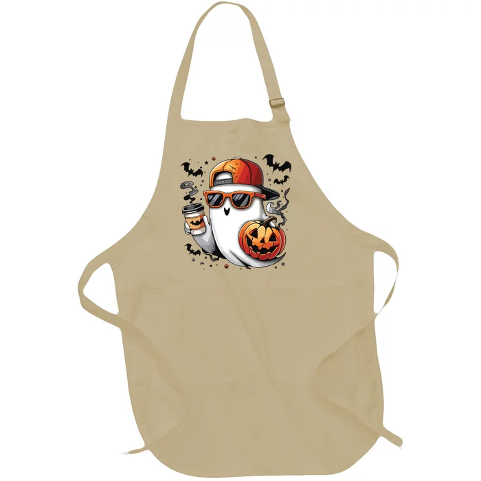 Cute Ghost Drinking Coffee Halloween Boy Ghost Ice Coffee Full-Length Apron With Pocket