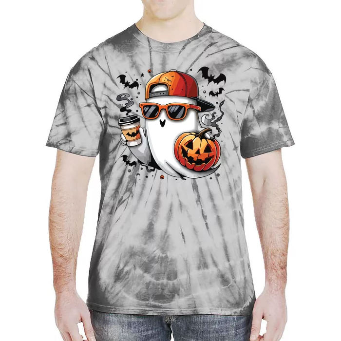 Cute Ghost Drinking Coffee Halloween Boy Ghost Ice Coffee Tie-Dye T-Shirt