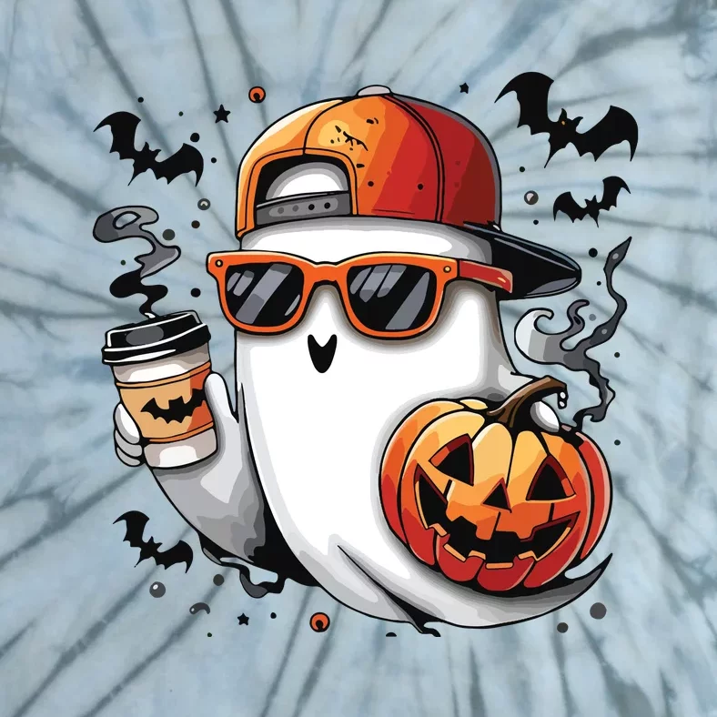 Cute Ghost Drinking Coffee Halloween Boy Ghost Ice Coffee Tie-Dye T-Shirt