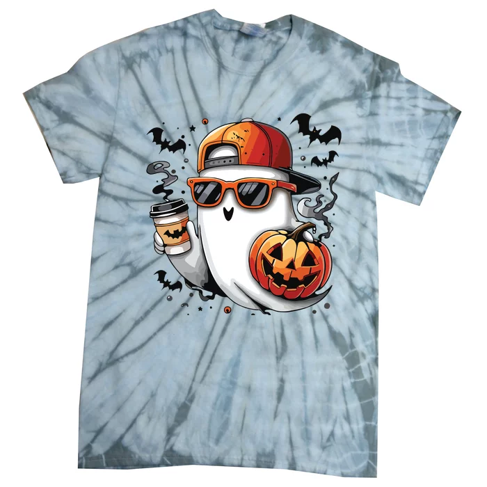 Cute Ghost Drinking Coffee Halloween Boy Ghost Ice Coffee Tie-Dye T-Shirt