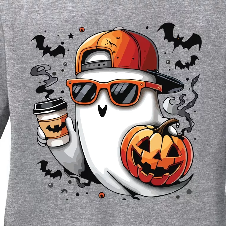 Cute Ghost Drinking Coffee Halloween Boy Ghost Ice Coffee Ladies Long Sleeve Shirt