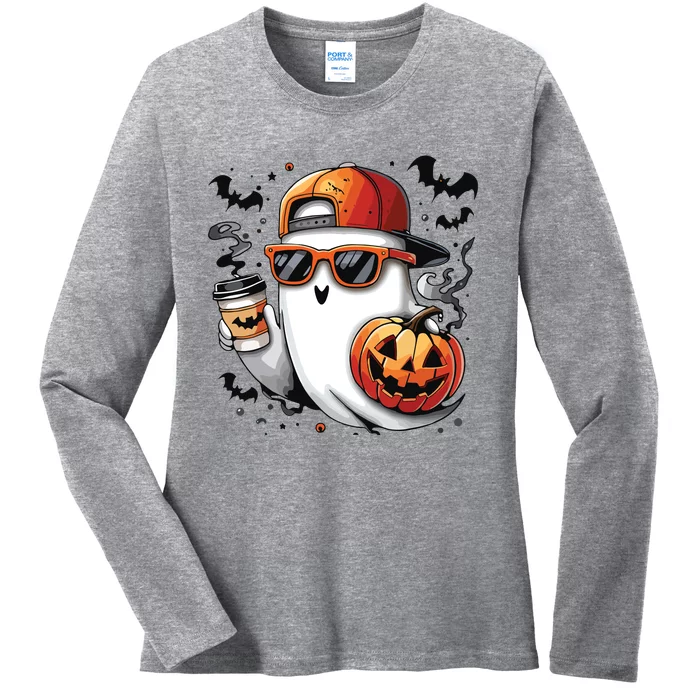 Cute Ghost Drinking Coffee Halloween Boy Ghost Ice Coffee Ladies Long Sleeve Shirt