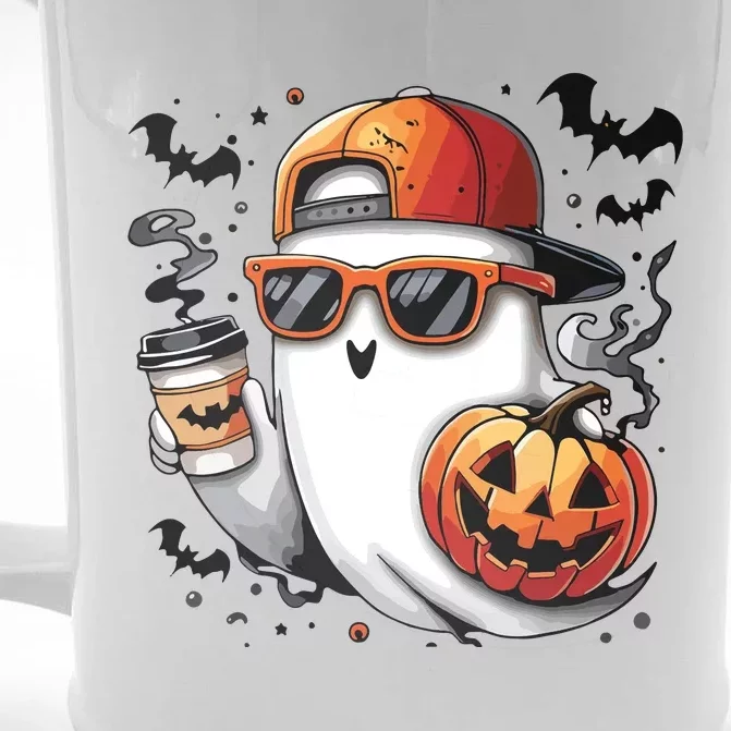 Cute Ghost Drinking Coffee Halloween Boy Ghost Ice Coffee Front & Back Beer Stein