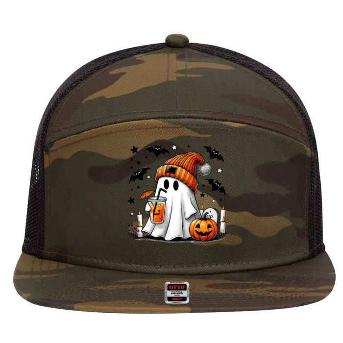 Cute Ghost Drinking Coffee Halloween Ghost Coffee 7 Panel Mesh Trucker Snapback Hat