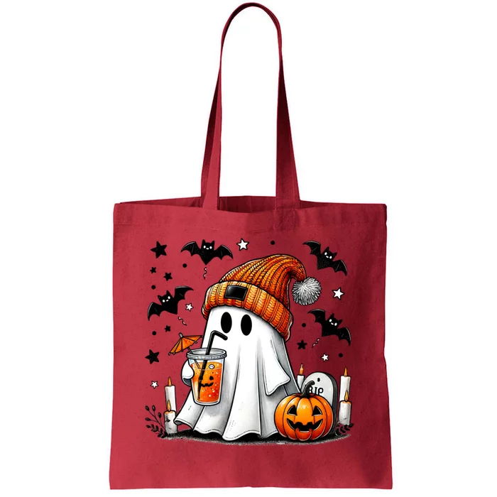 Cute Ghost Drinking Coffee Halloween Ghost Coffee Tote Bag