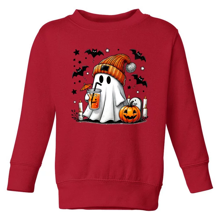 Cute Ghost Drinking Coffee Halloween Ghost Coffee Toddler Sweatshirt