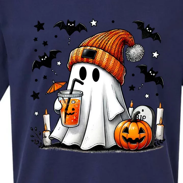 Cute Ghost Drinking Coffee Halloween Ghost Coffee Sueded Cloud Jersey T-Shirt