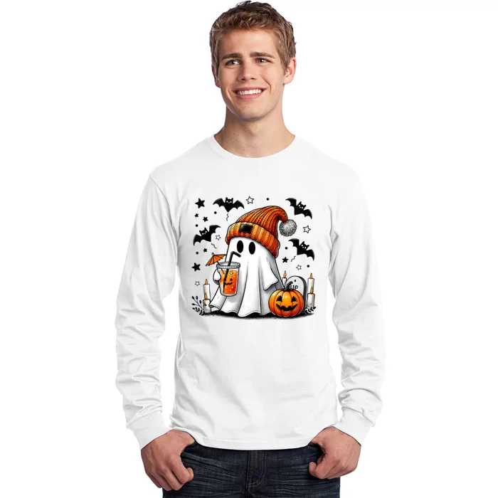 Cute Ghost Drinking Coffee Halloween Ghost Coffee Long Sleeve Shirt