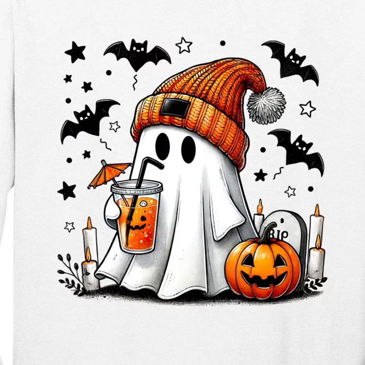 Cute Ghost Drinking Coffee Halloween Ghost Coffee Long Sleeve Shirt