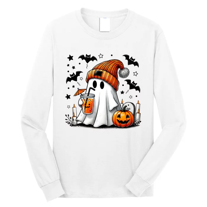 Cute Ghost Drinking Coffee Halloween Ghost Coffee Long Sleeve Shirt