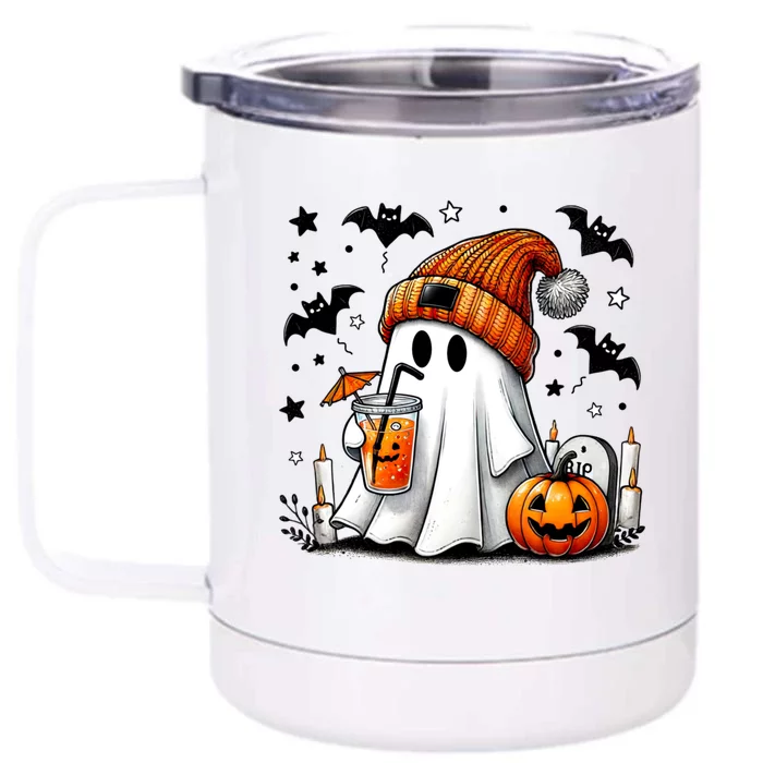 Cute Ghost Drinking Coffee Halloween Ghost Coffee Front & Back 12oz Stainless Steel Tumbler Cup