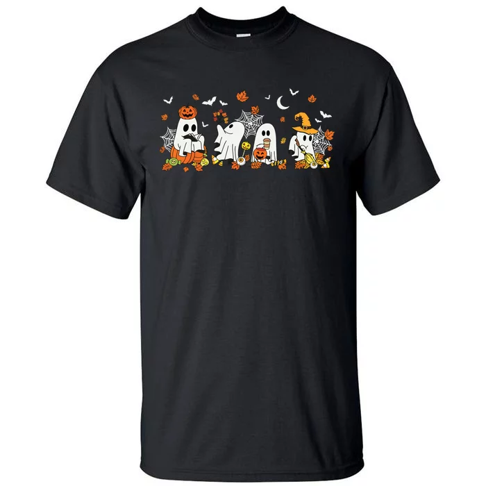 Cute Ghost Drinking Coffee Halloween Fall Ghost Book Reading Tall T-Shirt