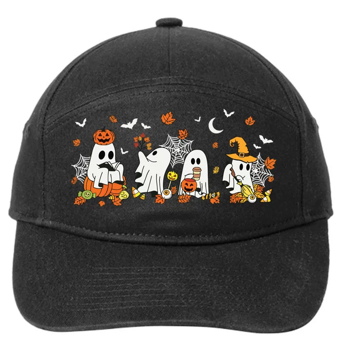 Cute Ghost Drinking Coffee Halloween Fall Ghost Book Reading 7-Panel Snapback Hat