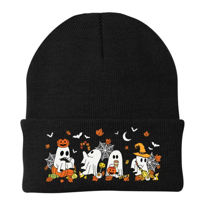 Cute Ghost Drinking Coffee Halloween Fall Ghost Book Reading Knit Cap Winter Beanie