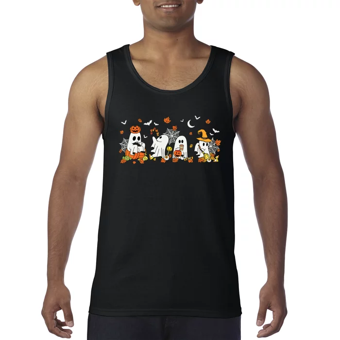 Cute Ghost Drinking Coffee Halloween Fall Ghost Book Reading Tank Top